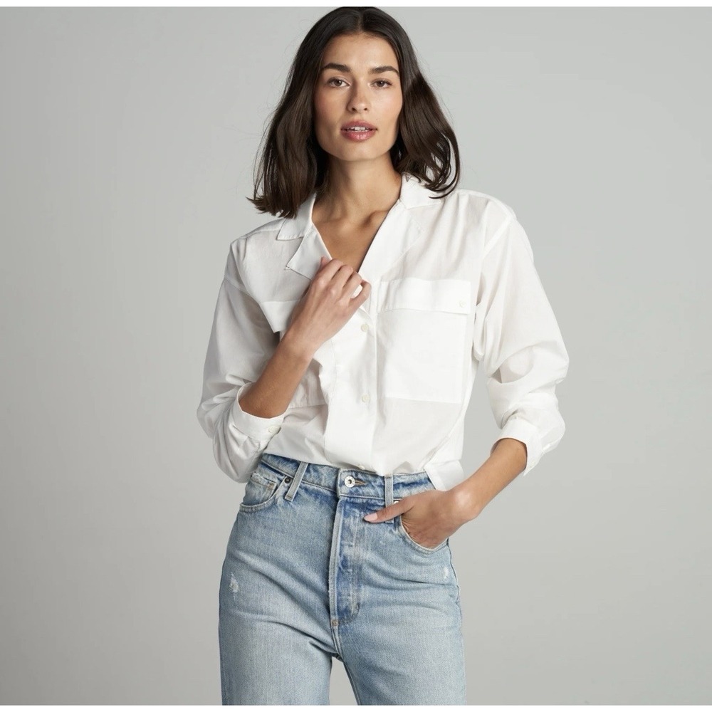 Rowan Fay Utility Camp Shirt Small White Cotton Poplin Boyfriend Button Up